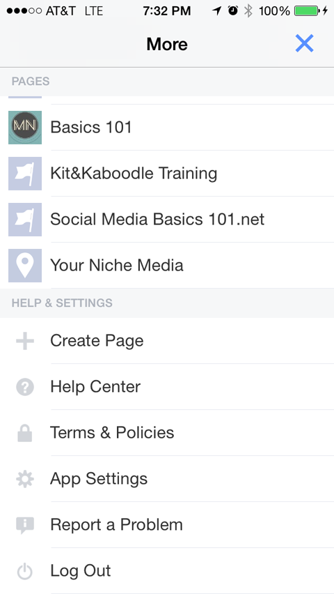 facebook pages app management menu