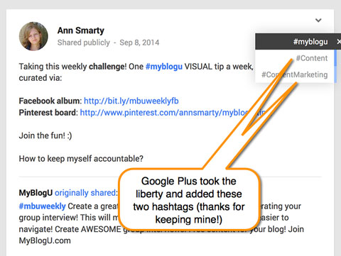 google+ post with automatic hashtags