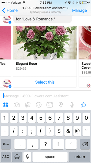 Customers can easily browse and select products from the 1-800-Flowers chatbot.