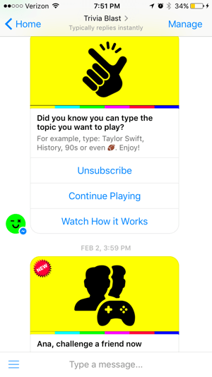 Trivia Blast's chatbot focuses on trivia games users can play, but also maintains a high level of interaction with options like 