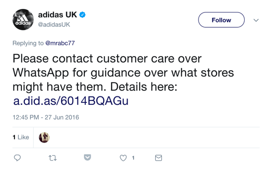 adidas whatsapp customer service