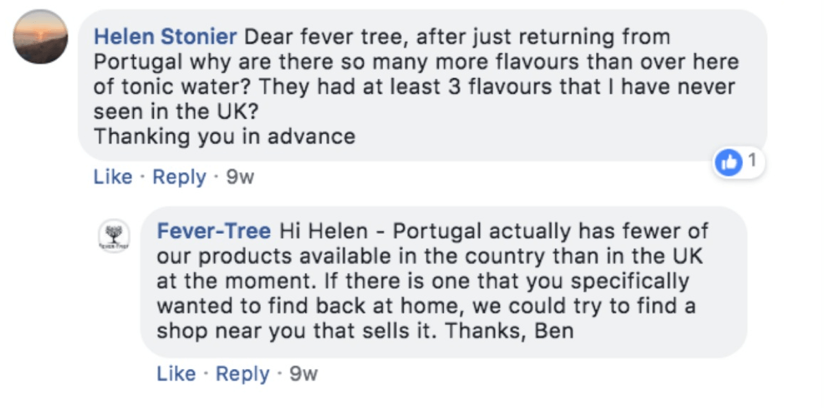 example of fever tree responding to a customer s question on a facebook post - how to get more likes comments post followers free in 720 px