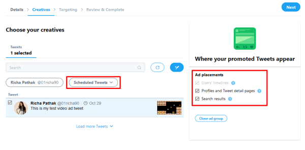 Option to set placement for your Promoted Video Views Twitter ad.