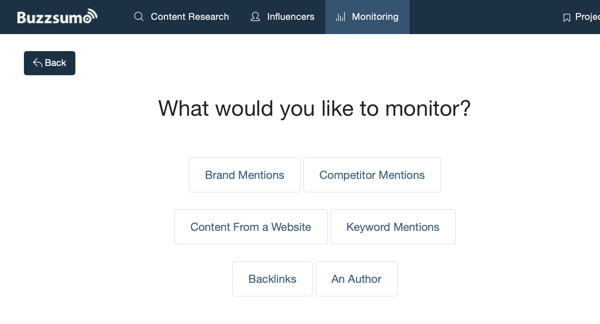 Options of what you can monitor via BuzzSumo.