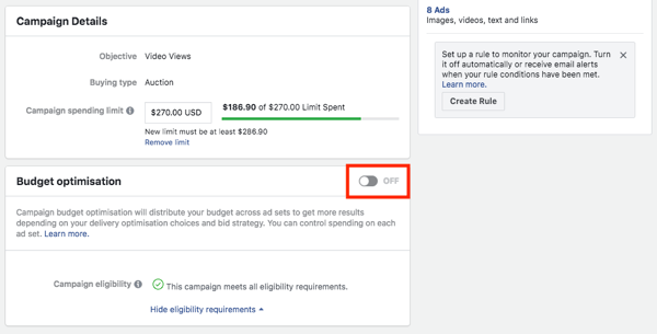 Facebook campaign budget optimization option.