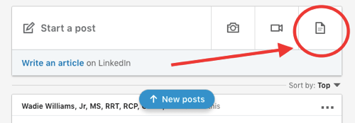 LinkedIn document sharing post, upload document to organic post step 1, add new document icon