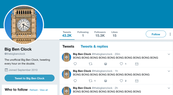 How to recruit paid social influencers, example of Twitter feed from @thebigbenclock