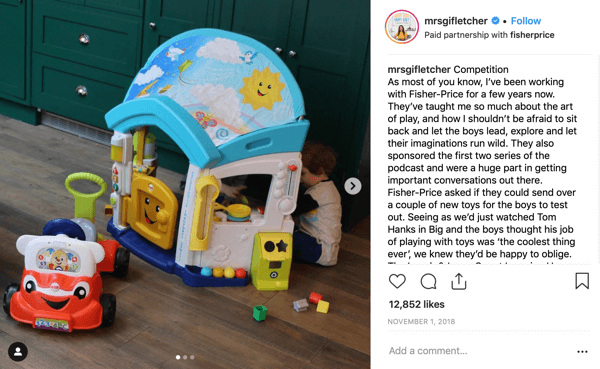 How to recruit paid social influencers, example of Instagram post for @fisherprice by @mrsgifletcher
