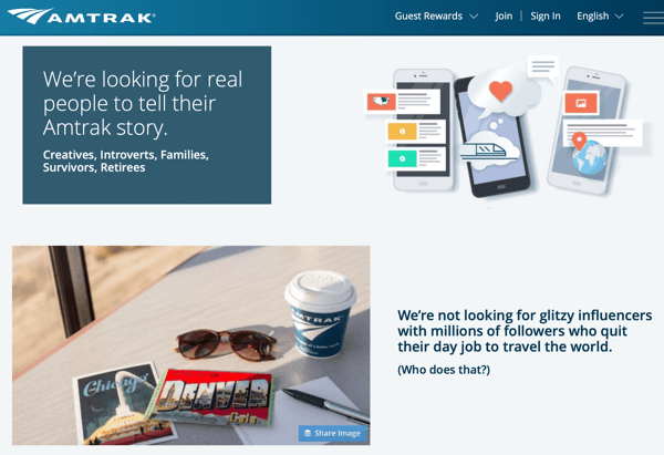 How to recruit paid social influencers, example of Amtrak social media residency program