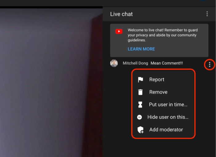youtube live chat comment moderation options to report or remove the comment, put the user in timeout, hide the user on the channel or to add a moderator to the chat