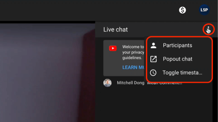youtube live chat menu options including viewing participants and popping the chat out for better viewing and moderation