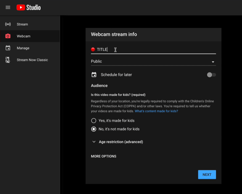 youtube studio go live menu live-streaming dashboard with the webcam stream info details ready to be set