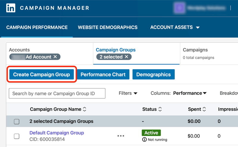 linkedin campaign manager dashboard with the create campaign group button highlighted