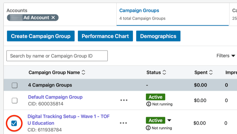 linkedin campaign manager dashboard with the new campaign group highlighted