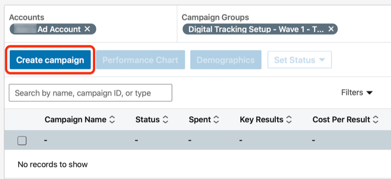 linkedin create a campaign button under the campaign group