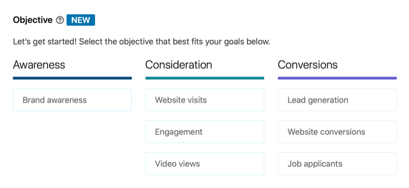 linkedin ad campaign objectives list, including video views under consideration