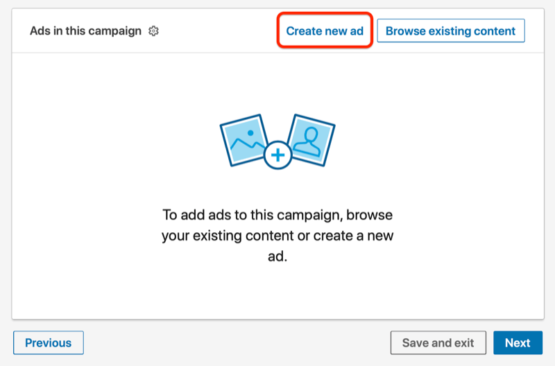 linkedin ads under the campaign with the create new ad button highlighted