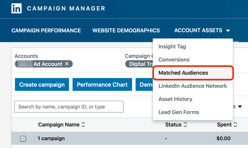 linkedin campaign manager with the matched audiences menu option highlighted