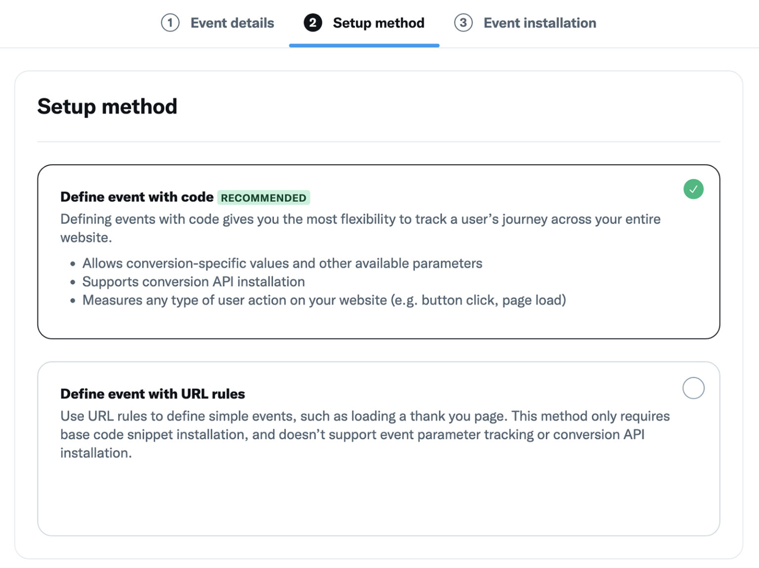 Setup method. Conversion tracking.